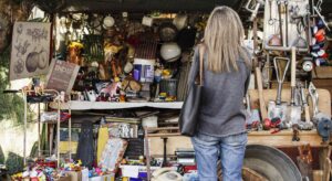 Femme-recherche-quelque-chose-acheter-dans-marche-antiquites La Fourmilière