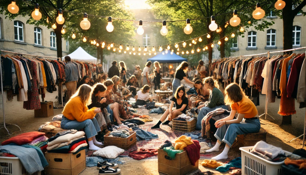 Dall·e 2025-02-11 09.11.42 - Une Photo Réaliste D'un Vide-dressing Convivial En Extérieur. L'événement Se Déroule Dans Un Parc Ou Une Cour Urbaine Avec Des Portants Remplis De Vêt La Fourmilière